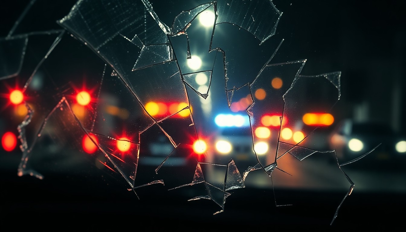 An extreme close-up photograph of shattered car window glass reflecting the flashing lights of emergency vehicles, conveying the gritty, investigative nature of the tragic multi-car crash in Anaheim.