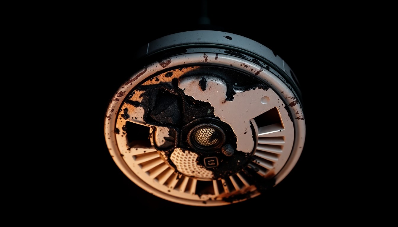 An extreme close-up photograph of a charred and melted smoke detector, conceptually illustrating the critical role of smoke alarms in home fire safety.