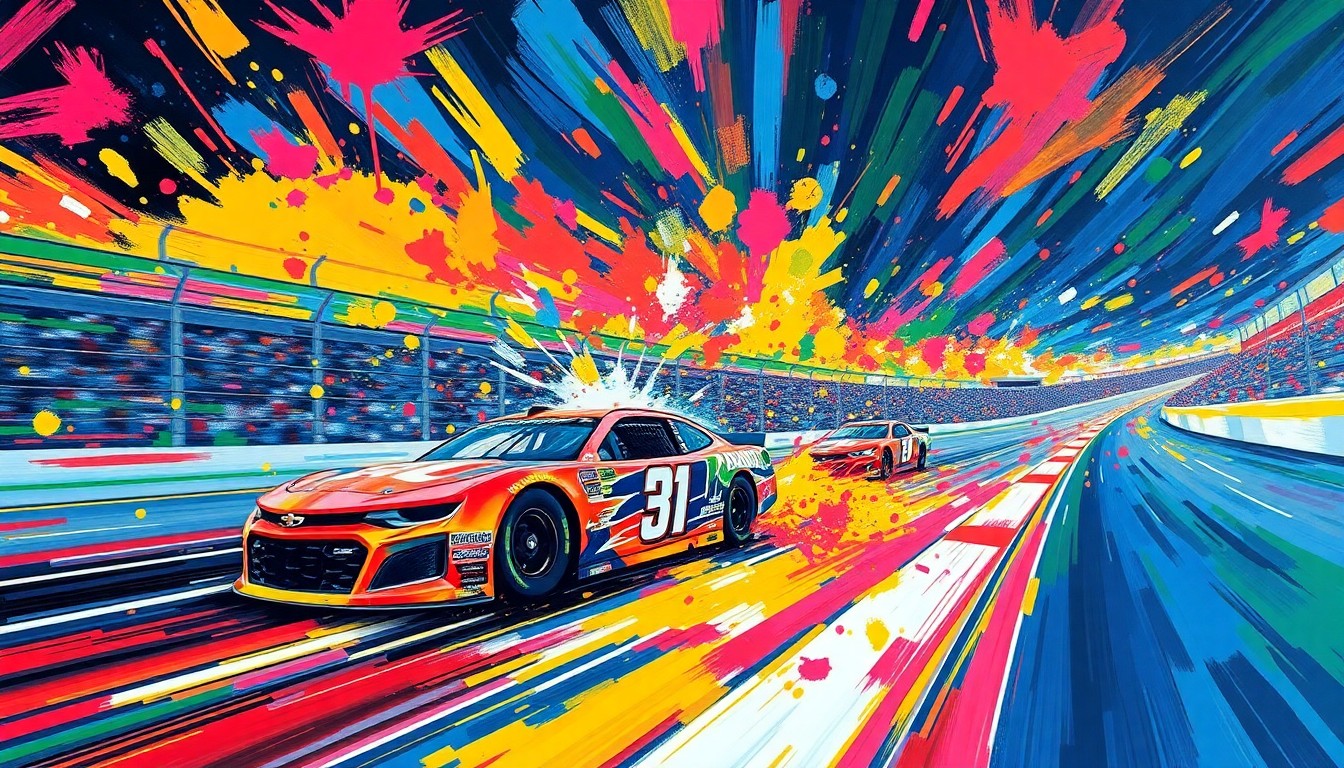 An abstract, expressionist painting featuring bold, sweeping brushstrokes in neon colors that evoke the raw energy and excitement of a NASCAR race at Bristol Motor Speedway.