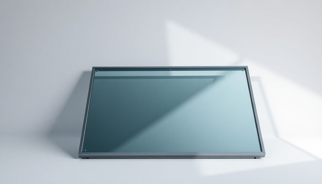 A highly detailed, photorealistic studio photograph of a modern, metallic solar panel frame resting on a plain white background, using dramatic lighting and shadows to conceptually represent the technical and financial complexities of renewable energy infrastructure.