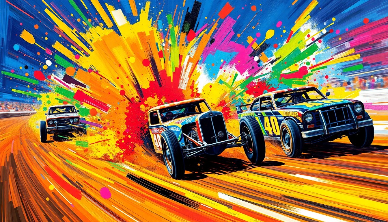 An abstract, expressionist painting in vibrant neon colors capturing the raw energy and speed of dirt track racing, with cars and drivers dissolving into unrecognizable splatters of paint.