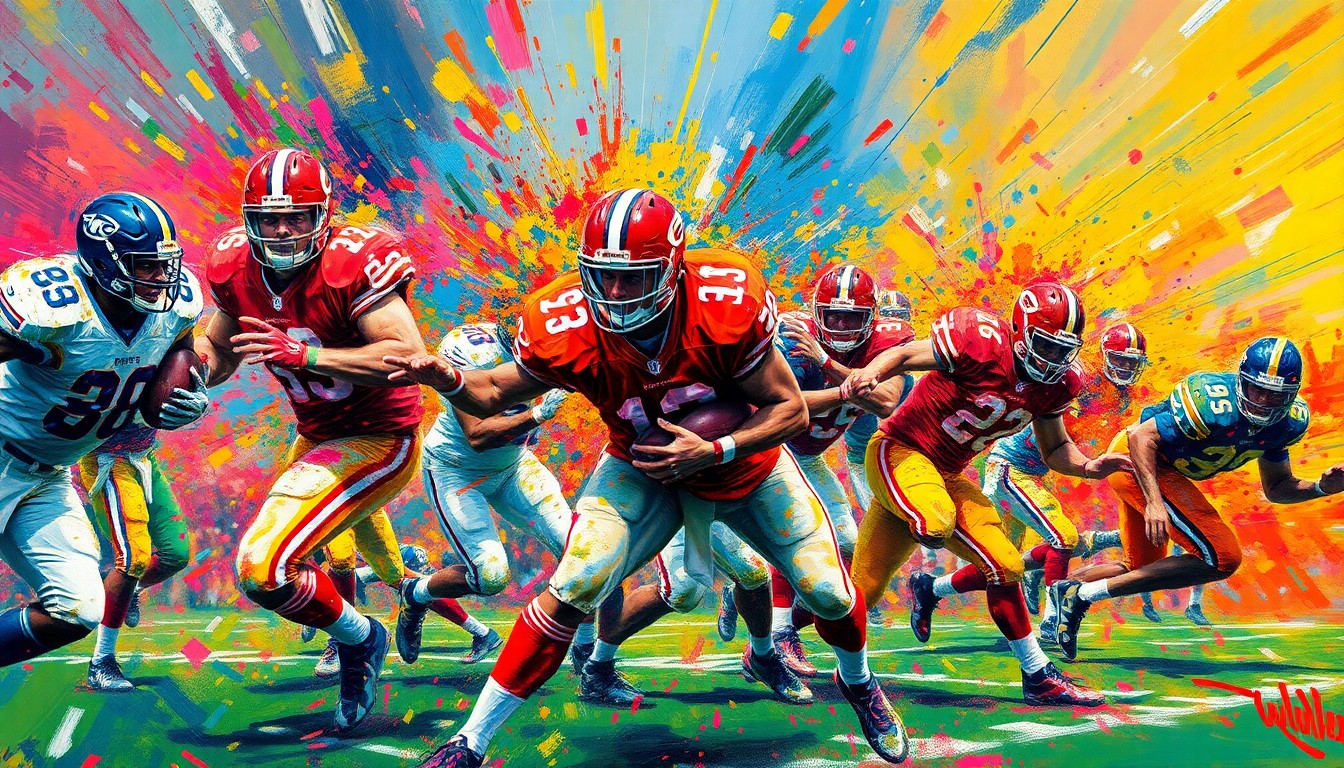 An abstract, expressionist painting featuring bold, neon-colored brushstrokes that capture the dynamic motion and intensity of an American football game, with players' forms dissolving into vibrant, unrecognizable shapes.