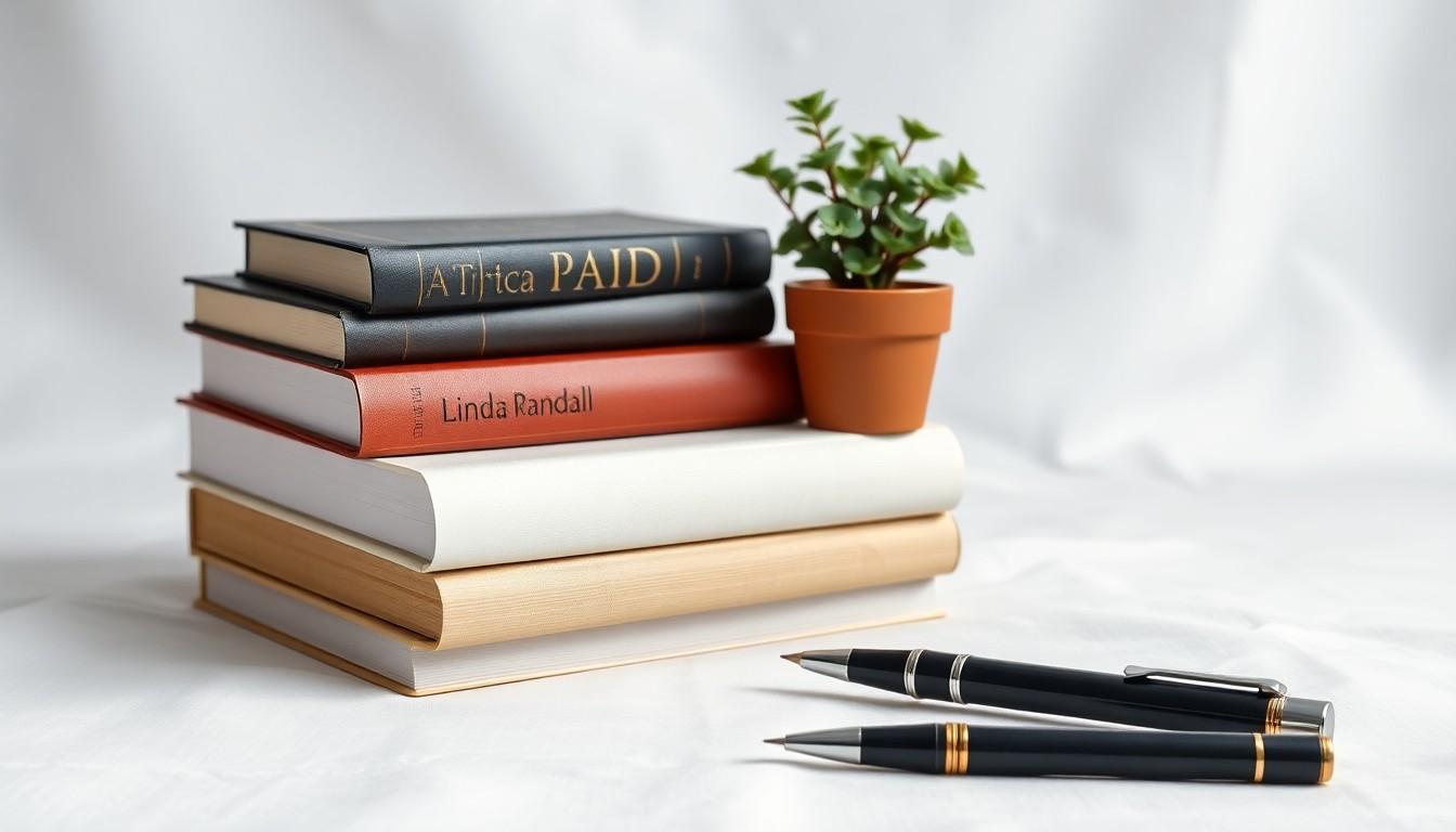 A minimalist studio photograph featuring a stack of hardcover books, a calligraphy pen, and a small potted plant arranged elegantly on a clean, white background, symbolizing the creative and purposeful nature of Linda Randall's work as an entrepreneur, author, and artist.