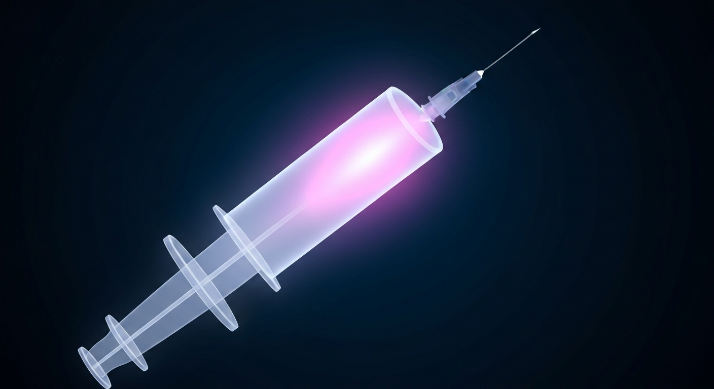 A translucent, ghostly X-ray image of a medical syringe filled with a glowing, neon-like liquid, conceptually representing the advanced radiation toxicity treatments that are driving market growth.