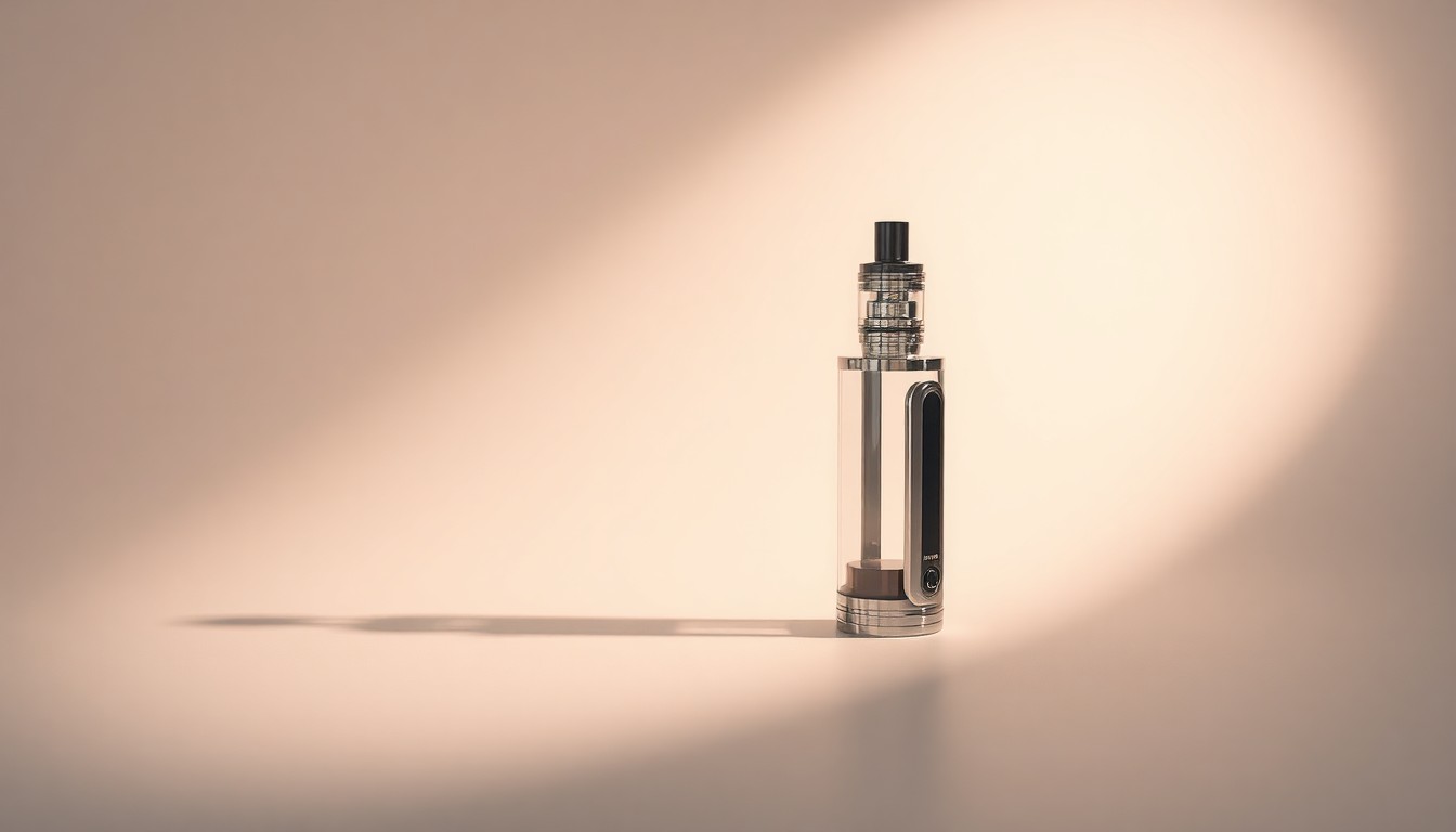 A close-up view of a sleek, modern vaping device made from polished metal and glass, captured in a high-end, photorealistic studio still-life style that conveys the industry's technological advancements and commitment to sustainability.