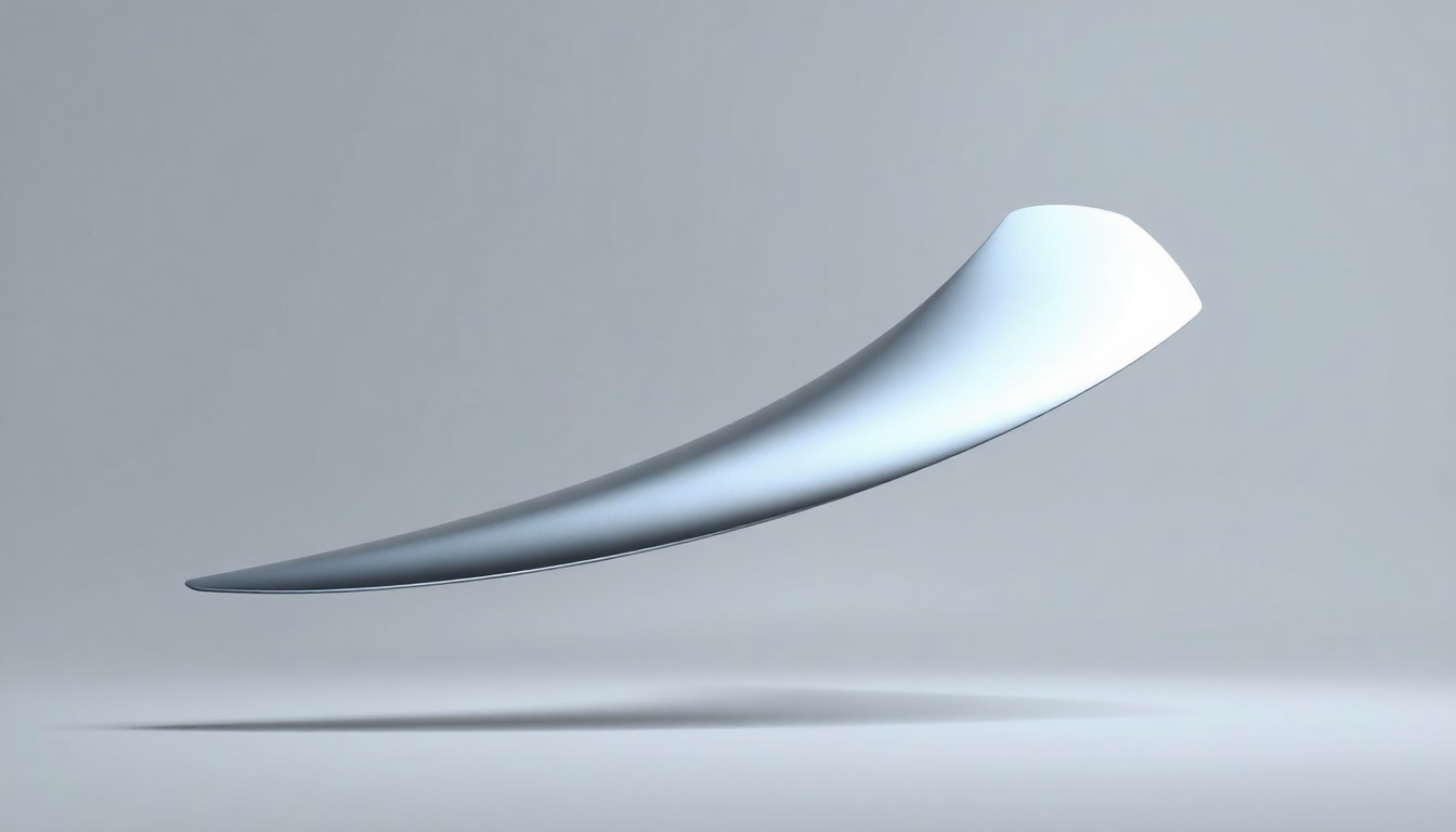 A photorealistic studio still-life image of a polished, metallic wind turbine blade segment floating on a clean, monochromatic background, representing the advanced materials and engineering required for wind power coatings.