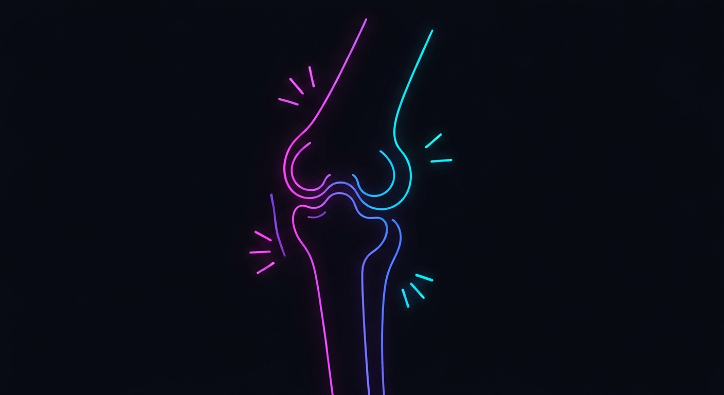 A glowing neon outline of a human knee joint against a dark background, conceptually representing the advancements in viscosupplementation therapies for joint health.