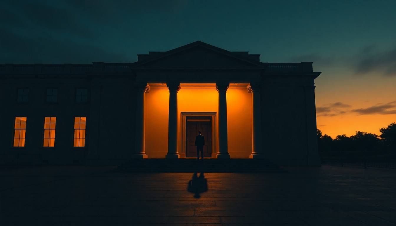 A cinematic painting of a dimly lit government building at dusk, with a lone figure standing in a doorway casting a long shadow, bathed in warm, golden light, conveying a sense of quiet contemplation.