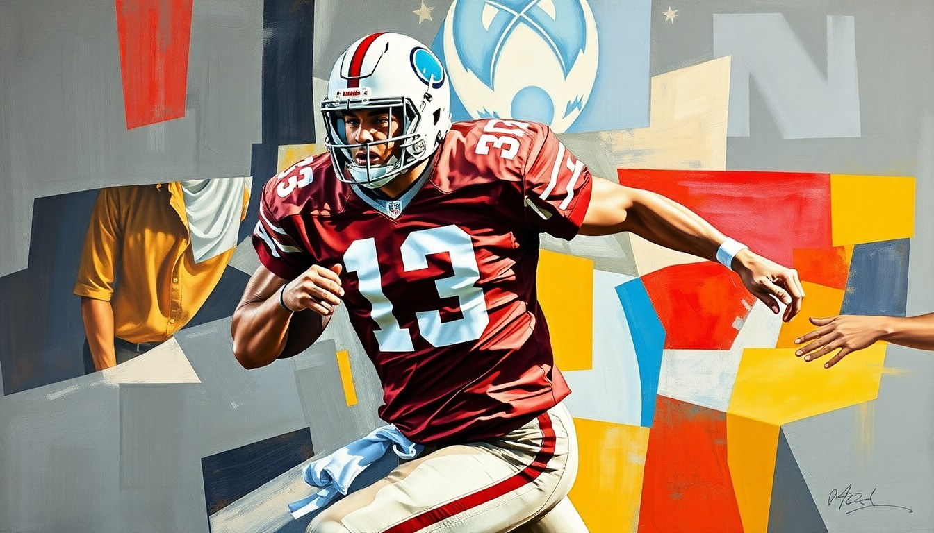 A cubist-style painting depicting a football player in mid-motion, broken down into sharp, overlapping geometric shapes and planes of color, conceptually representing the complex factors involved in a potential Odell Beckham Jr. signing.