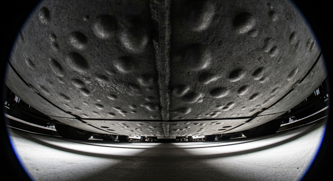 An extreme close-up photograph of the textured metal undercarriage of a car, with dramatic lighting highlighting the raw, pebbled surface. The image conceptually represents the importance of protecting a vehicle's underside from the damaging effects of road salt.