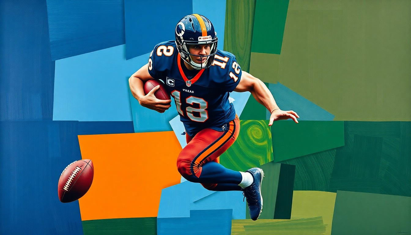 A fragmented, geometric painting depicting an edge rusher in motion, their body broken down into overlapping planes of navy blue, burnt orange, and forest green, conveying the raw power and dynamism of pass rushing.