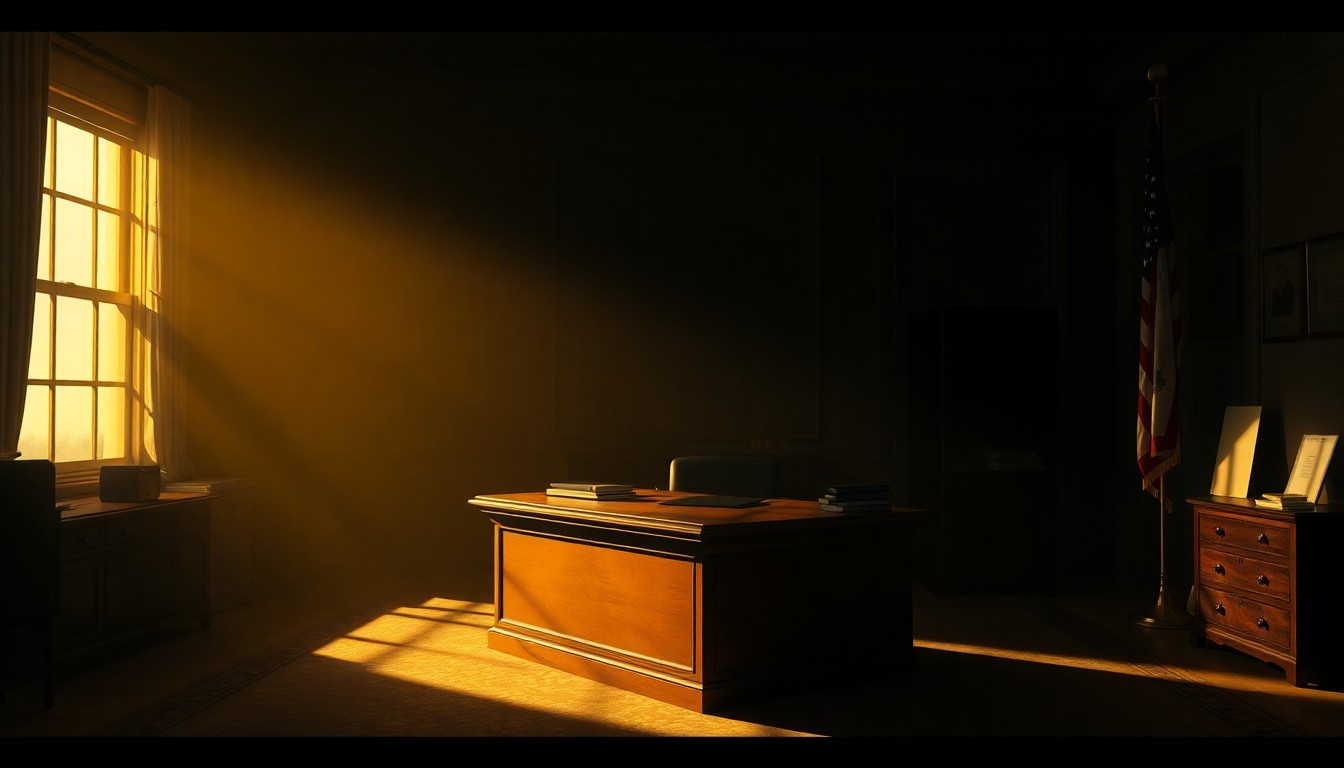 A dimly lit, shadowy government office with a solitary desk bathed in warm, diagonal sunlight, conceptually representing the new Homeland Security chief's efforts to quietly deport undocumented immigrants.