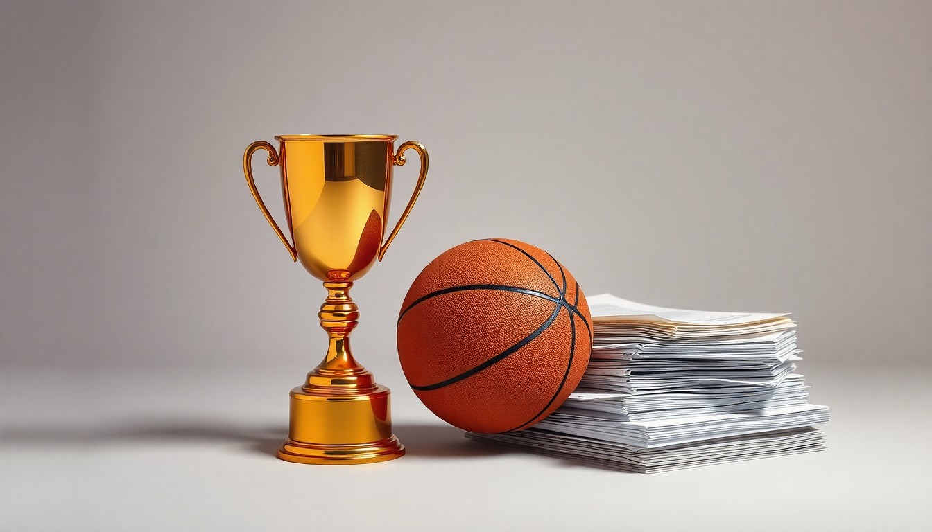 A high-end, photorealistic studio still-life photograph featuring a polished, golden trophy cup, a basketball, and a stack of financial documents arranged elegantly on a clean, monochromatic background, conceptually representing the intersection of sports, philanthropy, and corporate strategy.