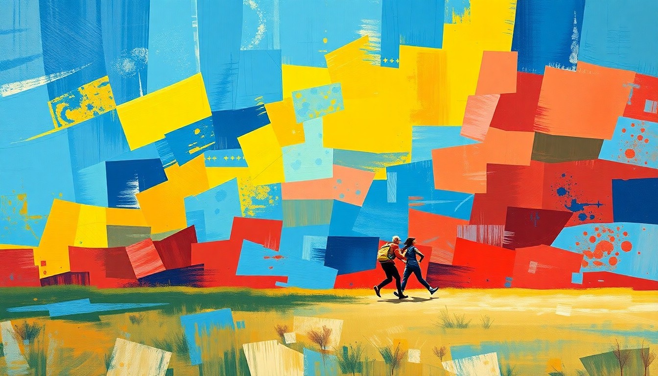 A vibrant, abstract painting in overlapping geometric shapes and brushstrokes of blue, yellow, and red, conveying the frantic motion and energy of two figures running across an open field.