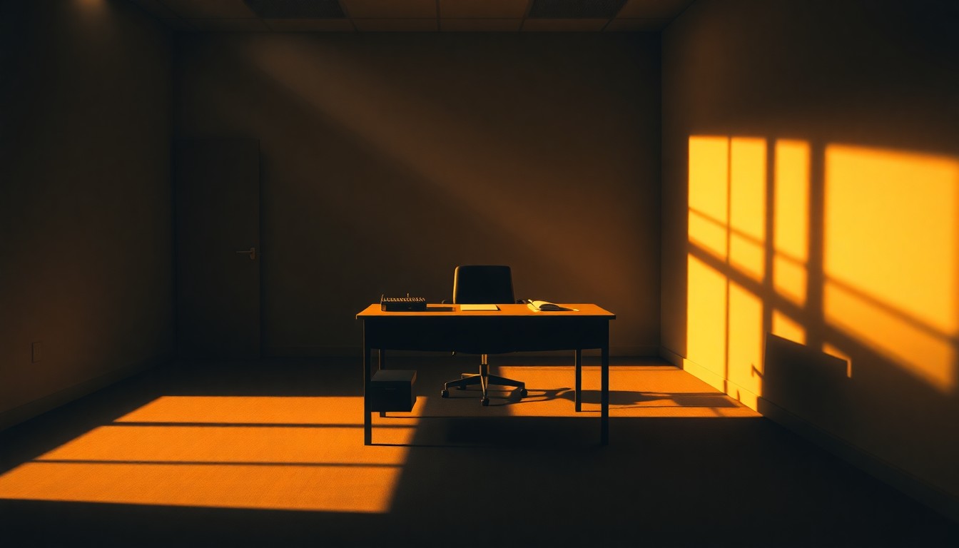 A dimly lit government office desk in warm, diagonal sunlight and deep shadows, conveying a sense of quiet contemplation around the bureaucratic processes that impact workers' lives.