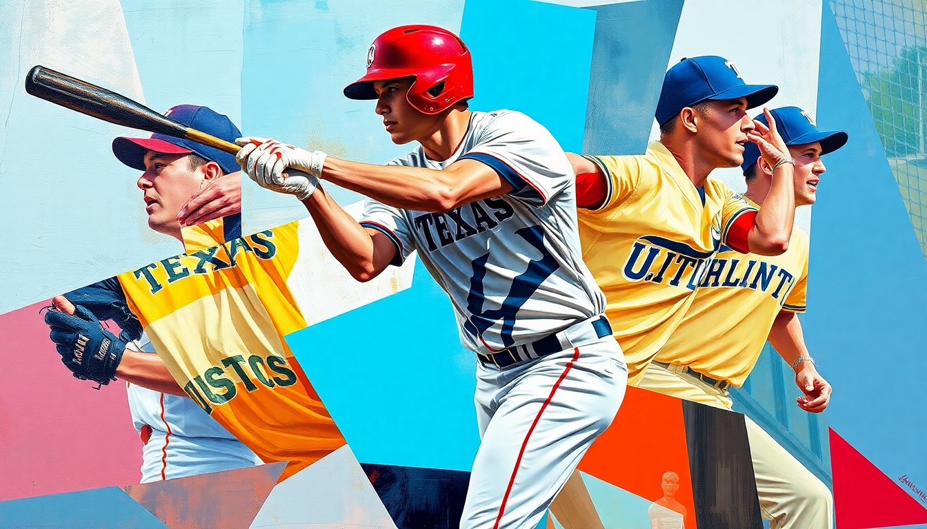 A fragmented, geometric painting depicting a baseball player in motion, with sharp planes of color representing the player's dynamic movements and the vibrant team colors.