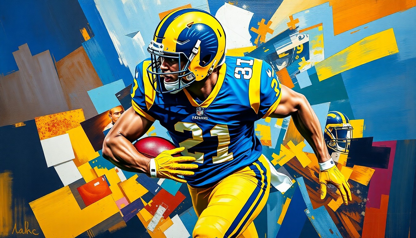 A cubist-style painting depicting a football player in motion, broken down into sharp, overlapping geometric shapes in the Rams' team colors of blue, yellow, and metallic accents, conceptually representing the challenges the organization faces in guiding the young player through his off-field incidents.
