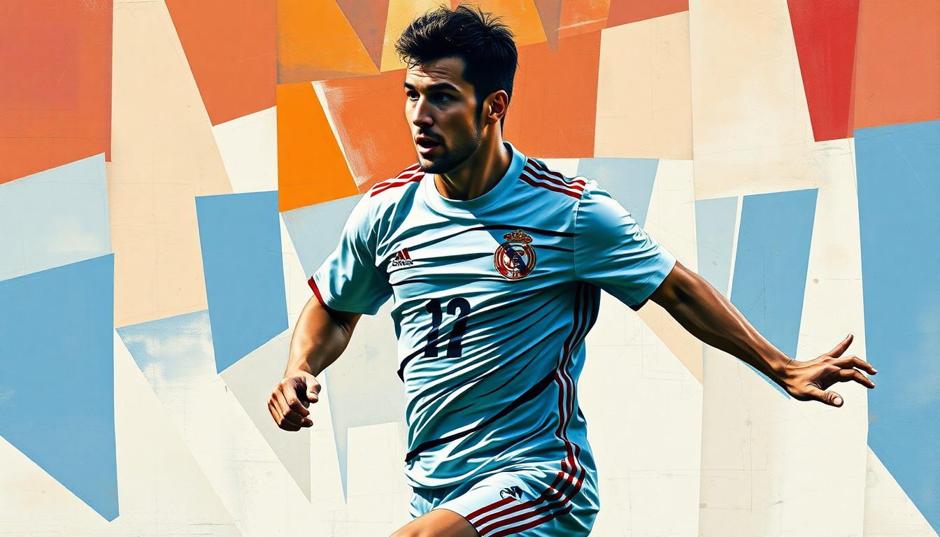 A cubist-style painting depicting a soccer player's movements and actions broken down into sharp, overlapping geometric shapes and planes, with the player's face and jersey partially obscured, conveying a sense of the abstract and the emotional journey of an athlete.