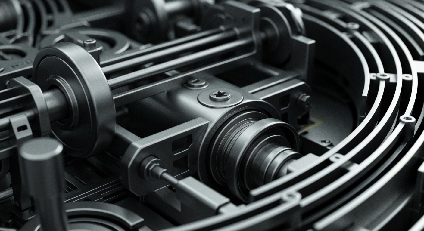 An extreme, cinematic close-up of heavy, tangible banking mechanics and objects, representing the financial security and institutional strength of major ambulatory care companies without using literal money or charts.