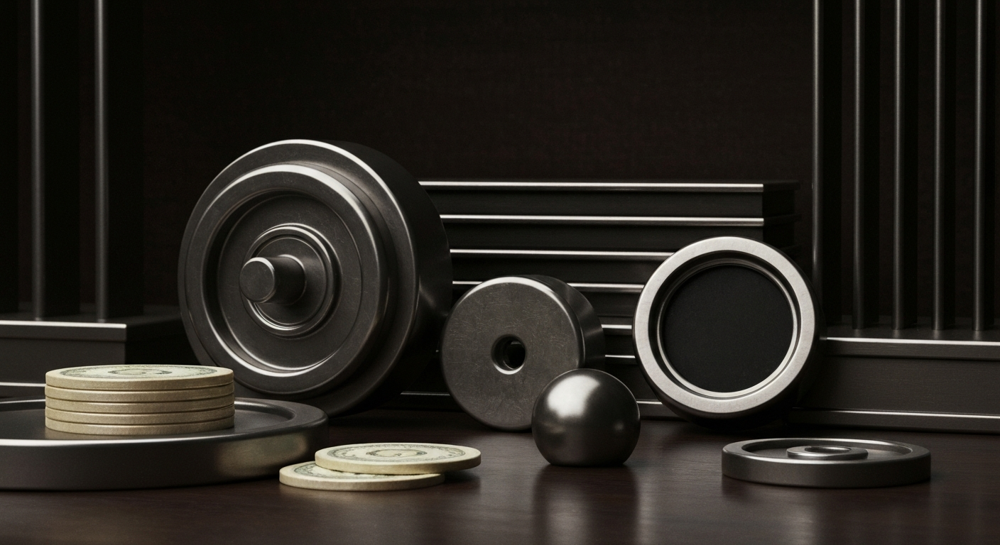 An extreme close-up of gears, levers, and other heavy industrial machinery, conveying the tangible, physical nature of banking and finance in a conceptual, non-literal way.