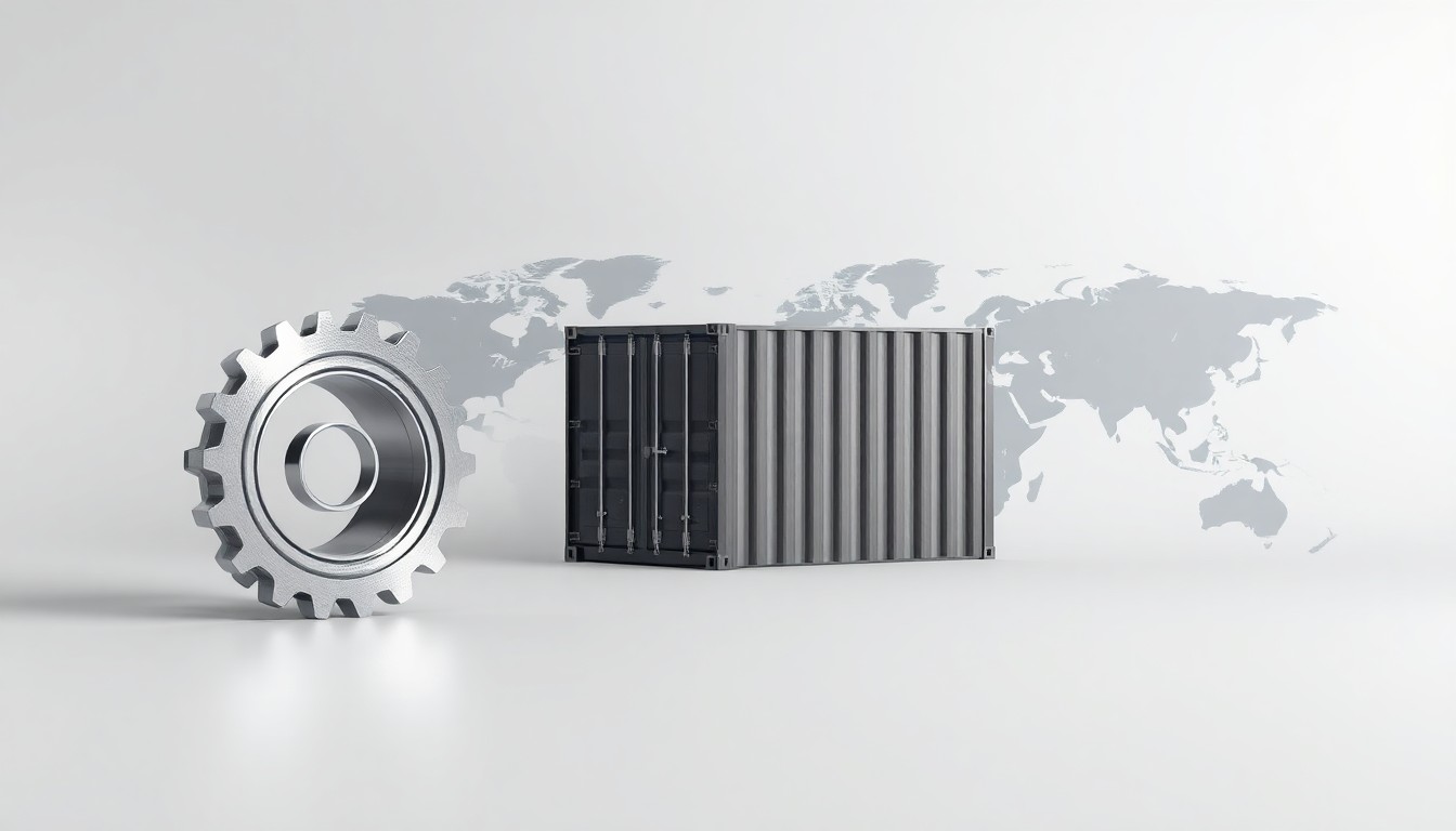 A photorealistic studio still life featuring a polished metal gear, a sleek shipping container, and a stylized map of global trade routes, conceptually representing the logistics and supply chain management at the heart of the transportation services industry.