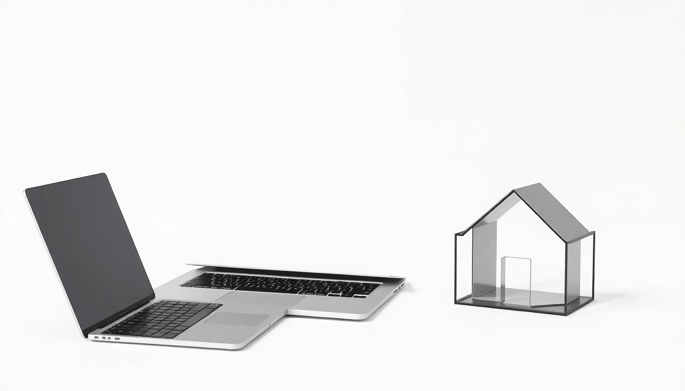A photorealistic studio still life featuring a sleek laptop, a stylized house-shaped paperweight, and a geometric desk organizer, representing the intersection of technology, real estate, and human-centered design that defines Epique Realty's innovative approach.