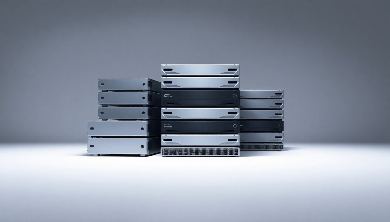 A high-end, photorealistic studio still-life photograph featuring a stack of sleek, metallic data storage servers in various shades of silver and grey, arranged elegantly on a clean, white seamless background and dramatically lit to symbolize the power and precision of Hydrolix's real-time data platform.