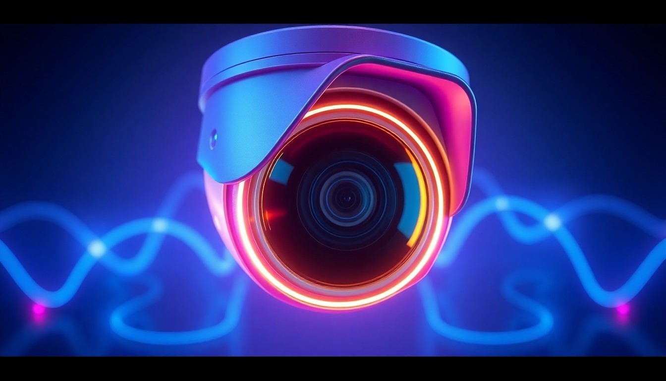 A highly detailed, glowing 3D illustration of a futuristic security camera with pulsing neon lights, representing the advanced technology behind Alarm.com's latest video security offerings.