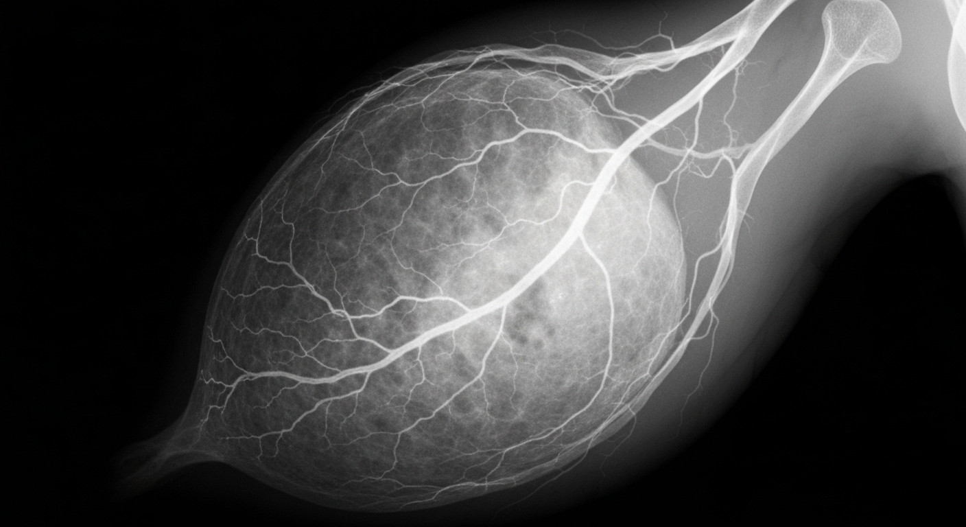 An extreme close-up X-ray image showing the intricate internal structure of a breast cancer tumor, rendered in ghostly, translucent lines against a dark background.