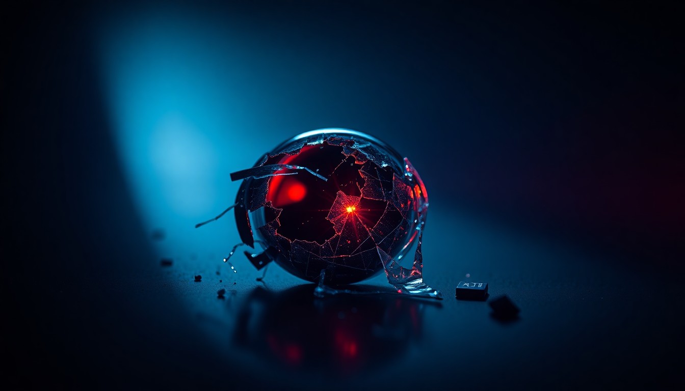 An extreme close-up of a shattered car sensor lens reflecting a faint red light, conceptually illustrating the vandalism of self-driving cars.