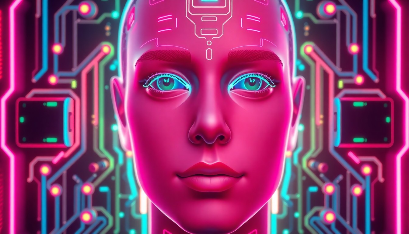 A highly detailed, glowing 3D illustration of a biometric facial recognition system, with neon cyan and magenta lights illuminating the intricate hardware components, conceptually representing advanced secure technology.