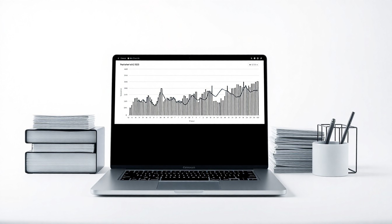 A high-end, photorealistic studio still-life photograph featuring a sleek laptop, organized files, and a minimalist desk organizer, representing the abstract concepts of data-driven decision-making and technology-enabled transformation.