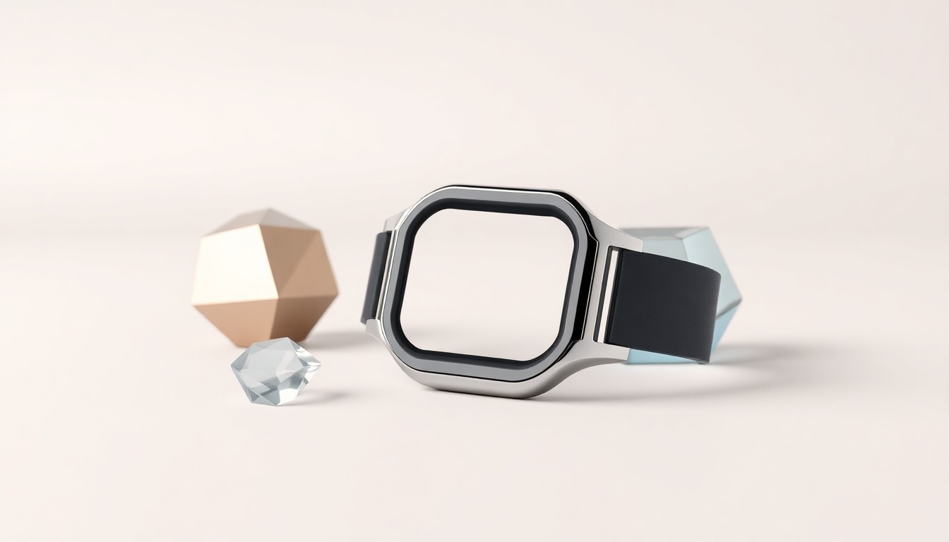 A minimalist, high-end studio photograph featuring a sleek, modern fitness tracker device made of polished metal and glass, resting on a clean, monochromatic background and surrounded by a few other premium, geometric objects that symbolize health, wellness, and data analytics.