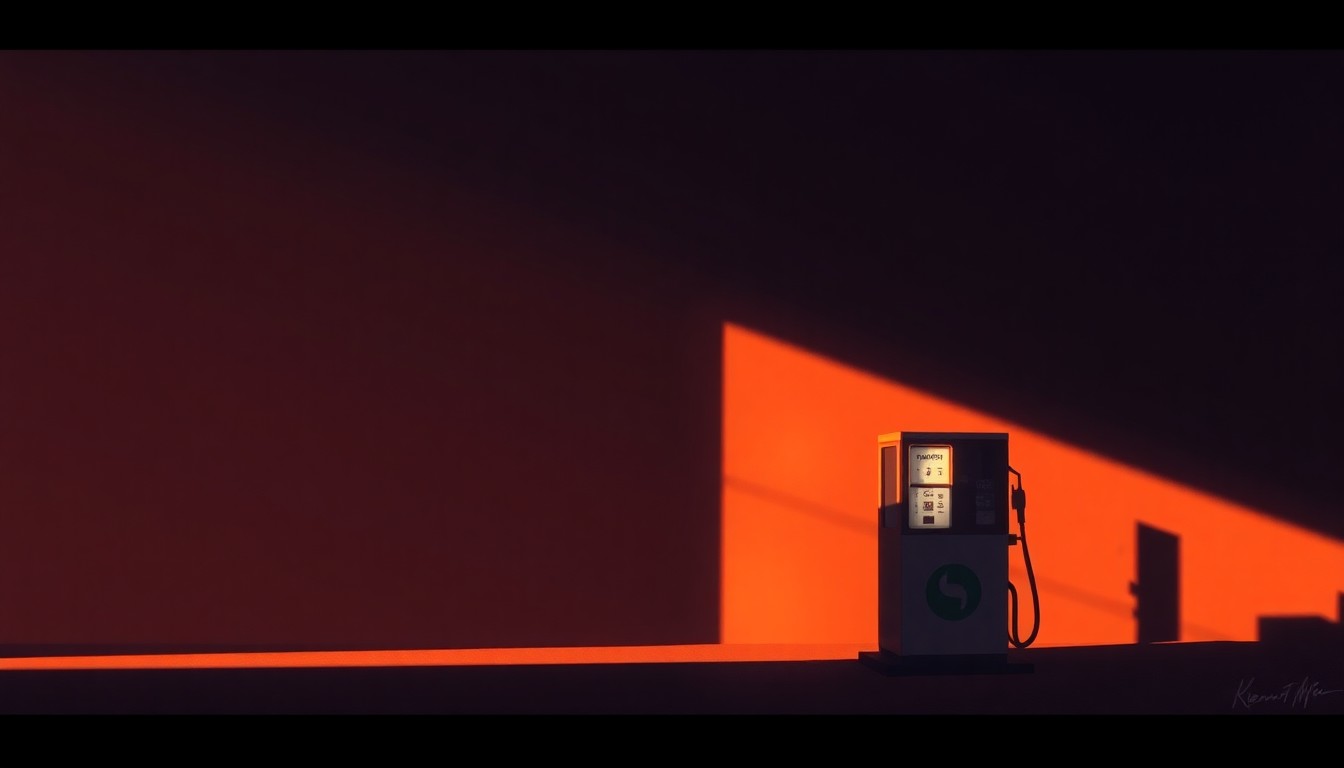 A photorealistic painting of a lone gas pump on a deserted city street, the pump's nozzle and display panel casting long shadows across the pavement in the warm glow of the afternoon sun, conceptually representing the political impact of rising fuel costs.