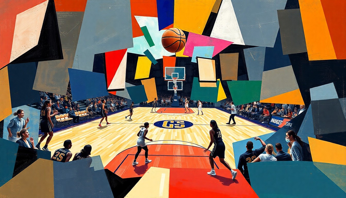 A cubist, geometric painting depicting a women's college basketball game, with the court, players, and ball broken down into abstract shapes and planes of color.
