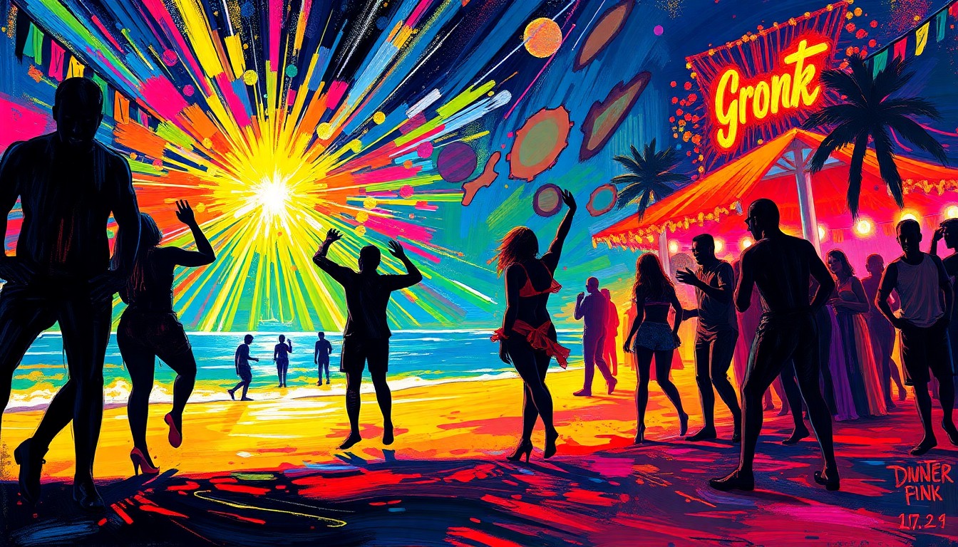 An energetic, expressionist painting in neon colors depicting a lively beach party scene with silhouetted figures dancing and celebrating under pulsing lights, capturing the excitement and energy of the Gronk Beach event.