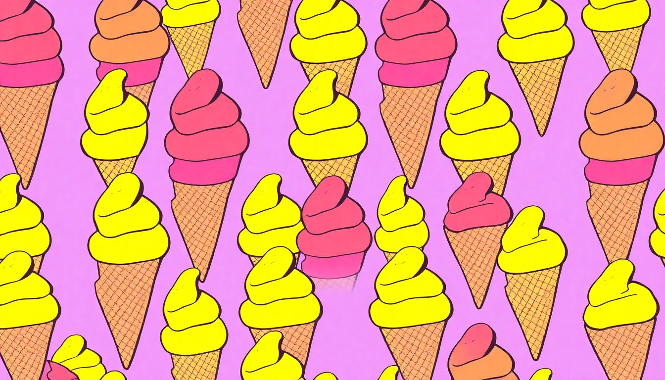 A high-contrast silkscreen print of a single, iconic ice cream cone repeated in a tight grid pattern, rendered in a neon color palette with heavy black photographic outlines, conceptually representing the popularity of a local frozen treat.