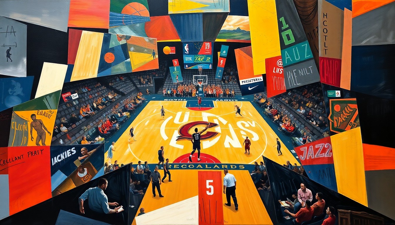 A cubist, geometric painting depicting the action of a basketball game, with overlapping shapes and planes representing the players, the ball, and the court, capturing the energy and movement of the game.