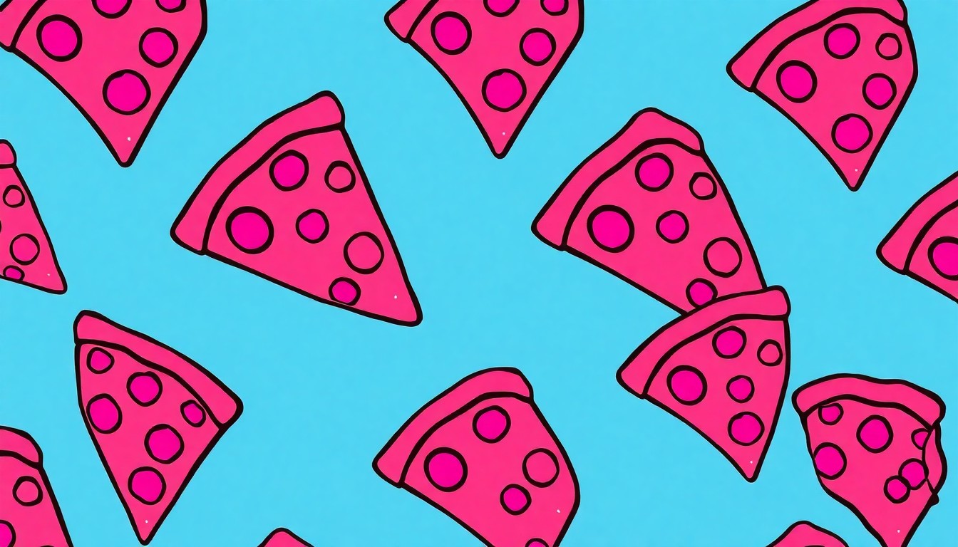 A highly stylized, abstract grid of brightly colored pizza slices in neon shades of red, orange, and purple, conceptually representing the vibrant energy and unique flavors of the new American Gothic Pizza and Gelato location.