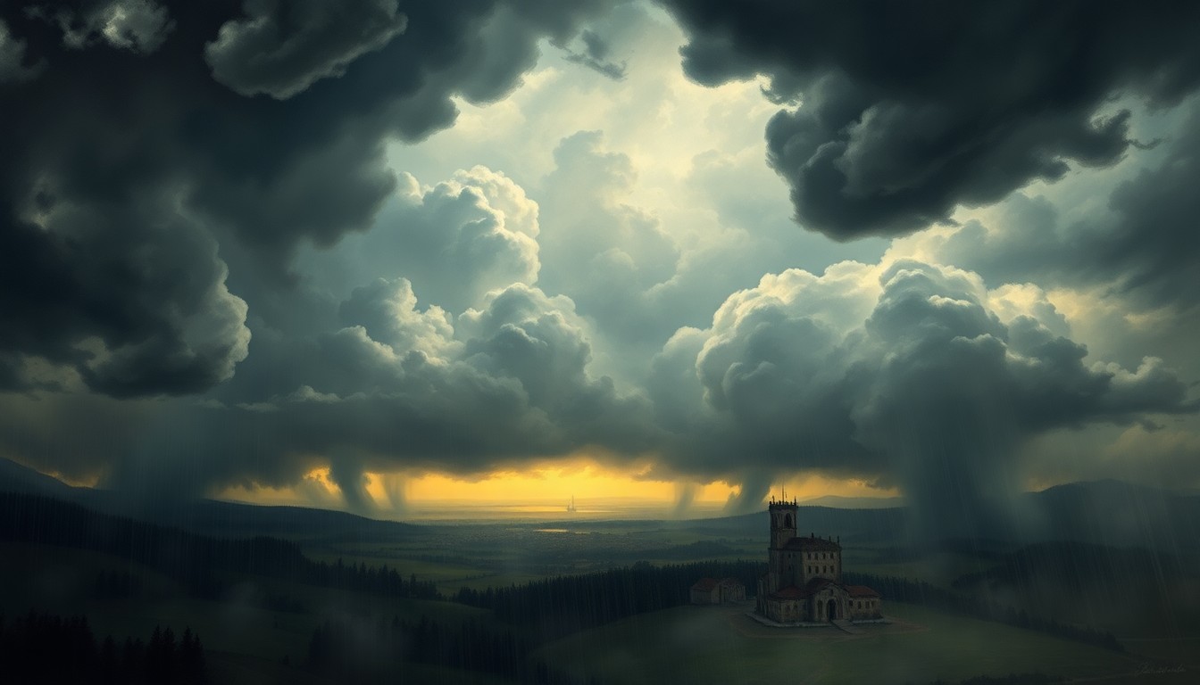 A sweeping, atmospheric landscape painting in muted tones of grey, blue, and green, depicting a massive, swirling storm system dominating the scene and dwarfing a small town in the distance, conveying the raw power and sublime scale of extreme weather events.