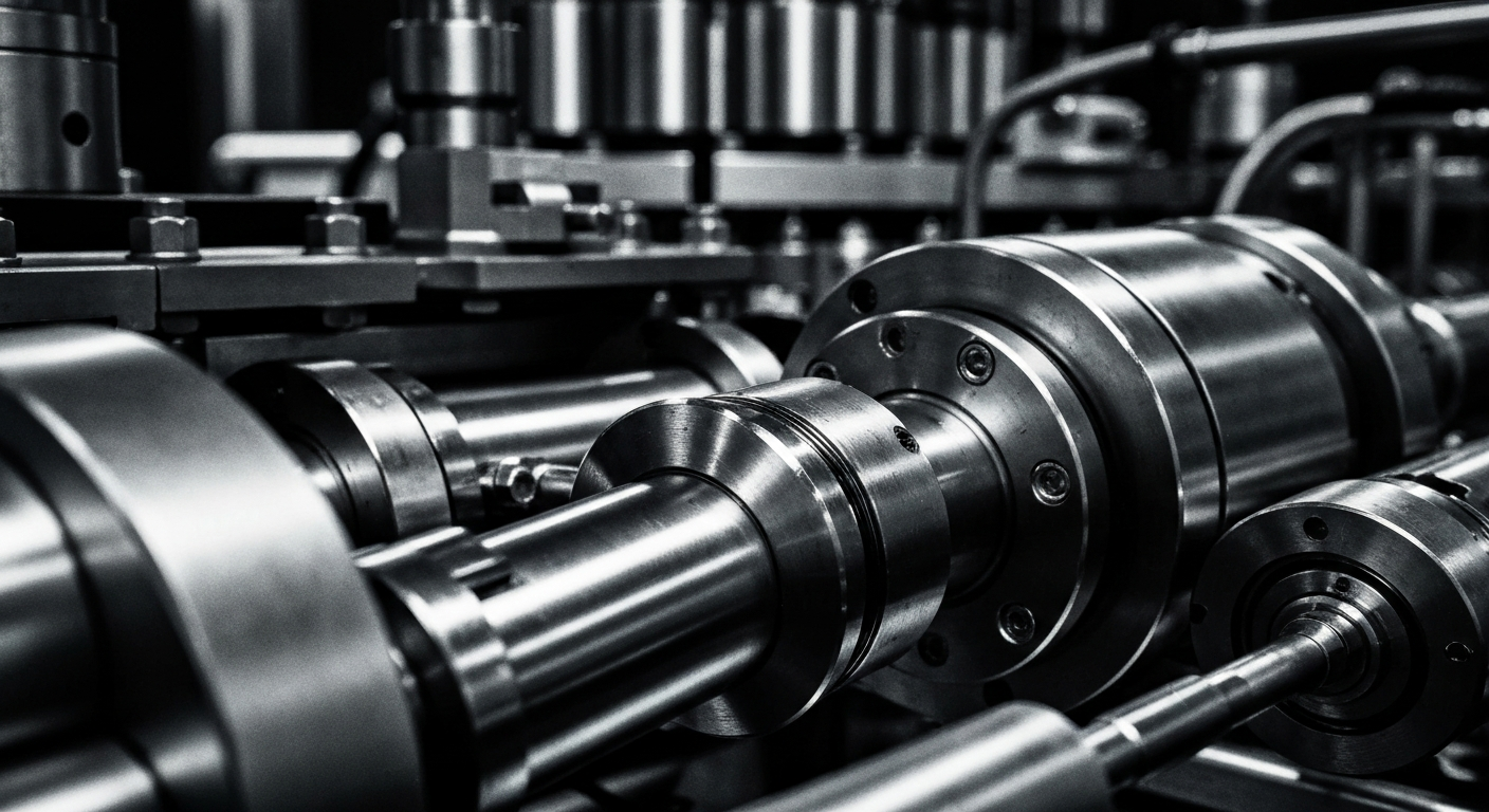 An extreme close-up of a complex, industrial-looking medical device or pharmaceutical manufacturing equipment, rendered in high-contrast black and white. The image conveys a sense of power, precision, and the tangible mechanics of the pharmaceutical industry.