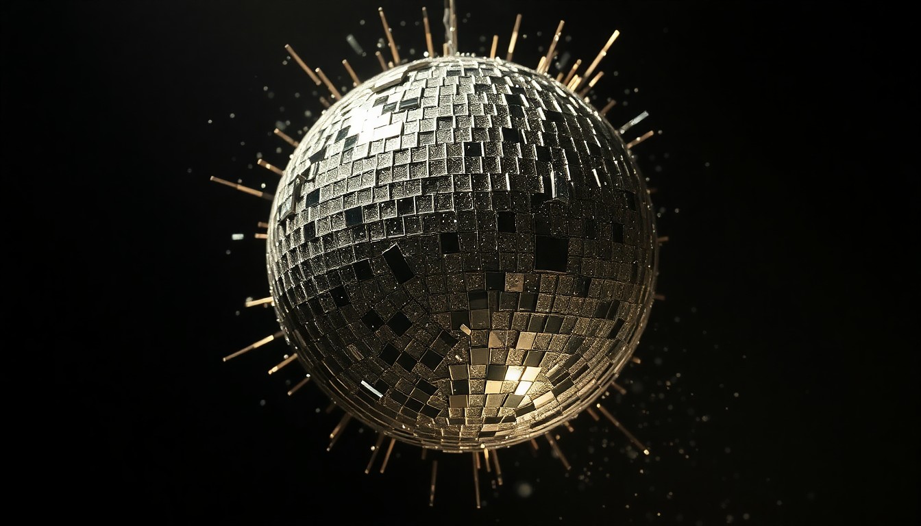 An extreme close-up of a shattered, glittering disco ball reflecting dramatic studio lighting, conceptually representing the dystopian glamour of the 'The Testaments' TV series.