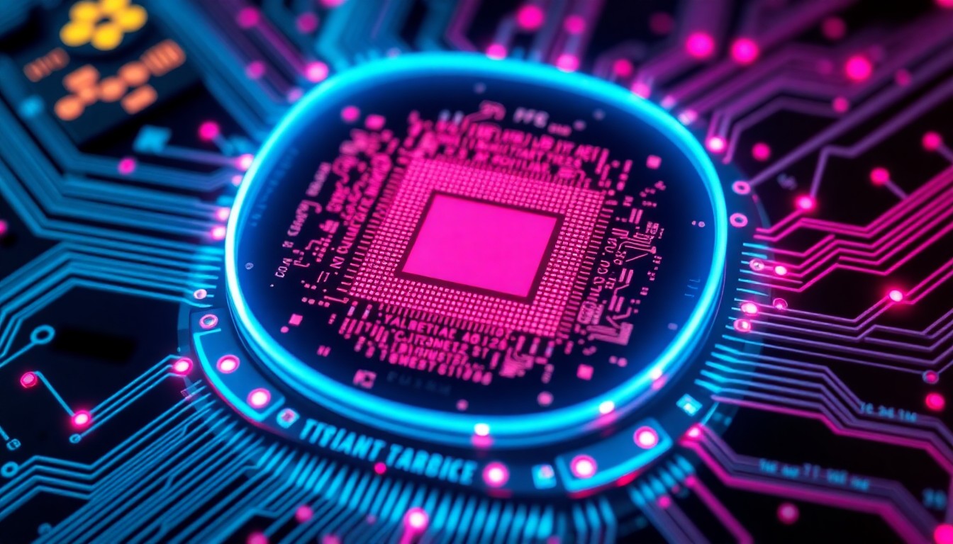 A highly detailed, glowing 3D macro illustration of a futuristic semiconductor wafer with intricate circuitry and neon cyan and magenta lights, conceptually representing the advanced technology and infrastructure behind the global semiconductor supply chain.