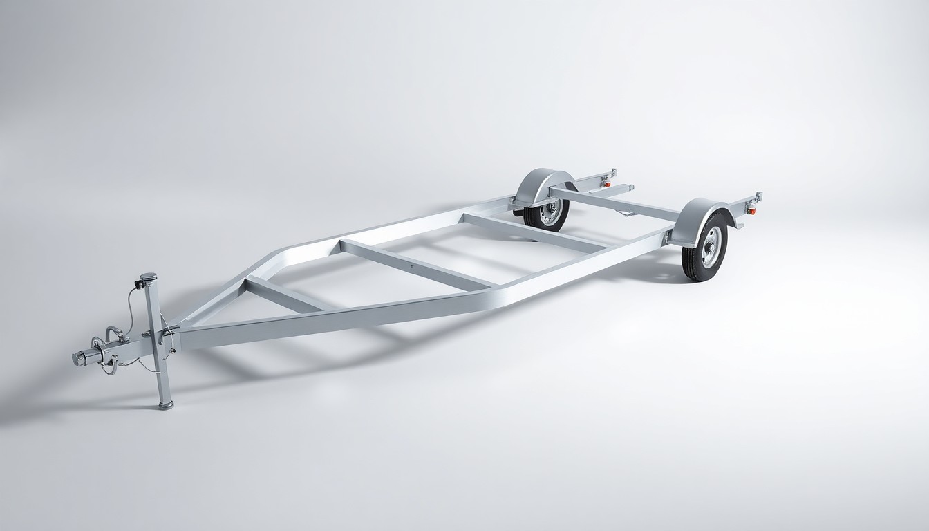 A high-end, photorealistic studio still-life photograph featuring a sleek, aluminum boat trailer with clean, geometric shapes and polished surfaces, arranged elegantly on a clean, monochromatic seamless background with sharp, dramatic studio lighting and deep shadows, conceptually representing the abstract trends and strategies driving the boat trailer industry.