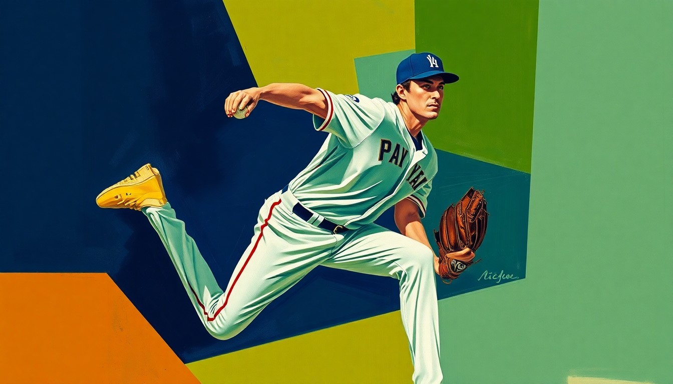 A cubist-style painting depicting a baseball pitcher's delivery broken down into overlapping geometric shapes and planes in navy, green, and ochre tones, conceptually representing the analytical deconstruction of an elite athletic performance.