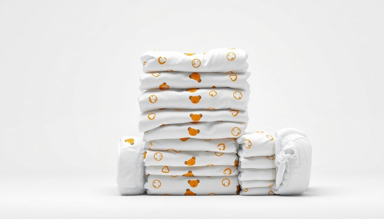 A minimalist studio photograph featuring a stack of high-quality, modern-looking diapers and training pants in a clean, monochromatic setting, conceptually representing the brand's focus on premium performance and affordability.