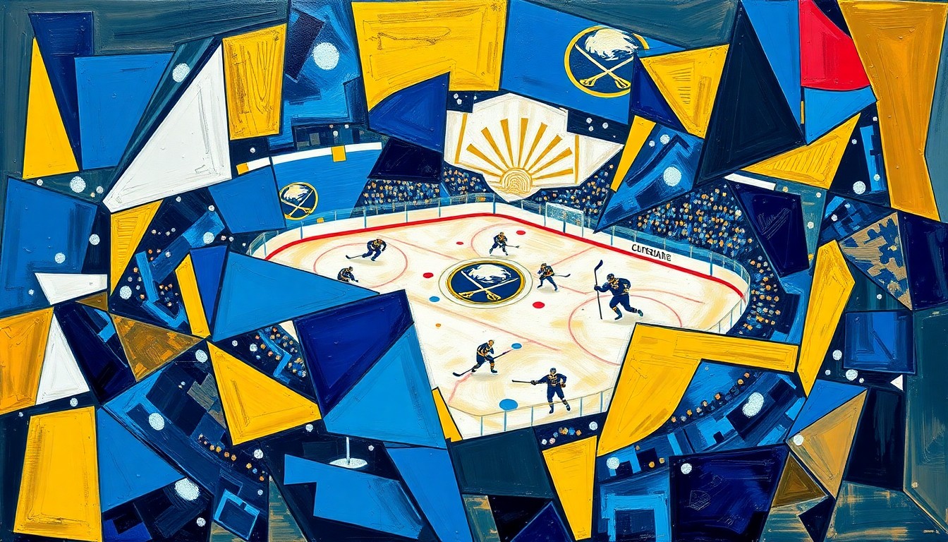 A cubist, geometric painting depicting a Sabres hockey game, with fragmented, overlapping shapes in the team's blue and gold colors conveying the energy and intensity of their surprise playoff push.