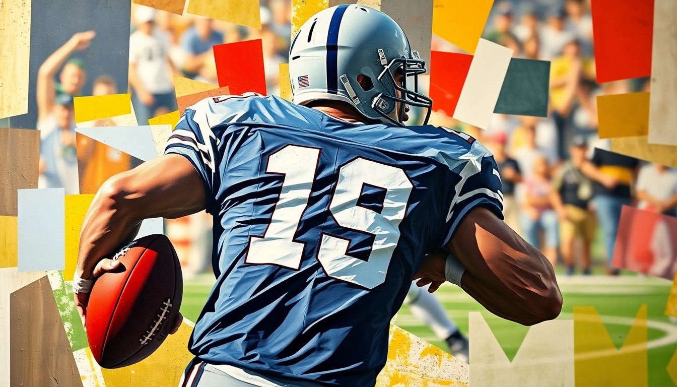A cubist, geometric painting depicting a football player in the middle of a play, with their jersey number partially visible but their face and other identifying features abstracted into sharp, overlapping planes of color.