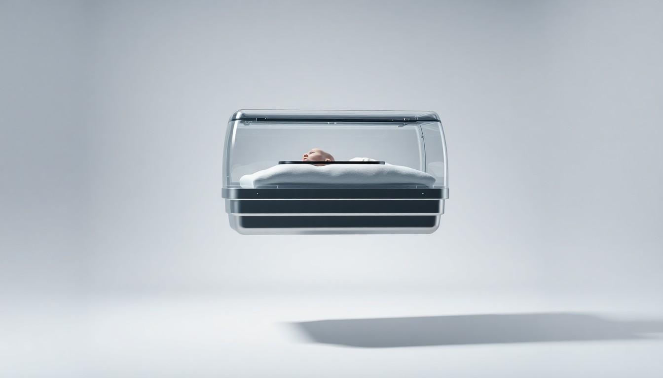 A sleek, modern infant transport incubator made of polished metal and glass, floating on a clean, monochromatic background and bathed in dramatic studio lighting, conceptually representing the critical importance of safe and reliable neonatal transport.