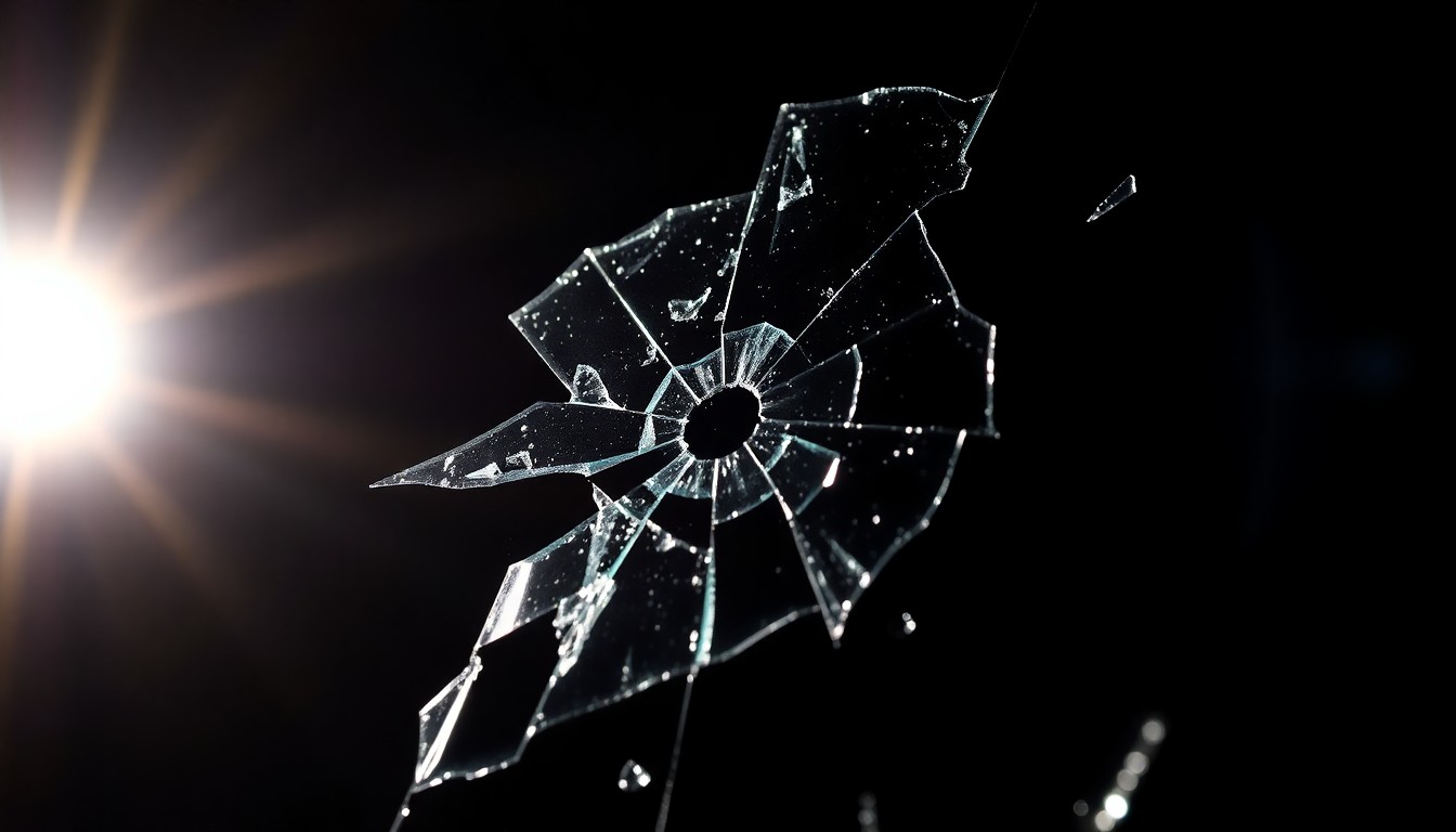 An extreme close-up photograph of a shattered car windshield fragment with jagged edges, conceptually illustrating the devastation of a multi-car crash on a highway.